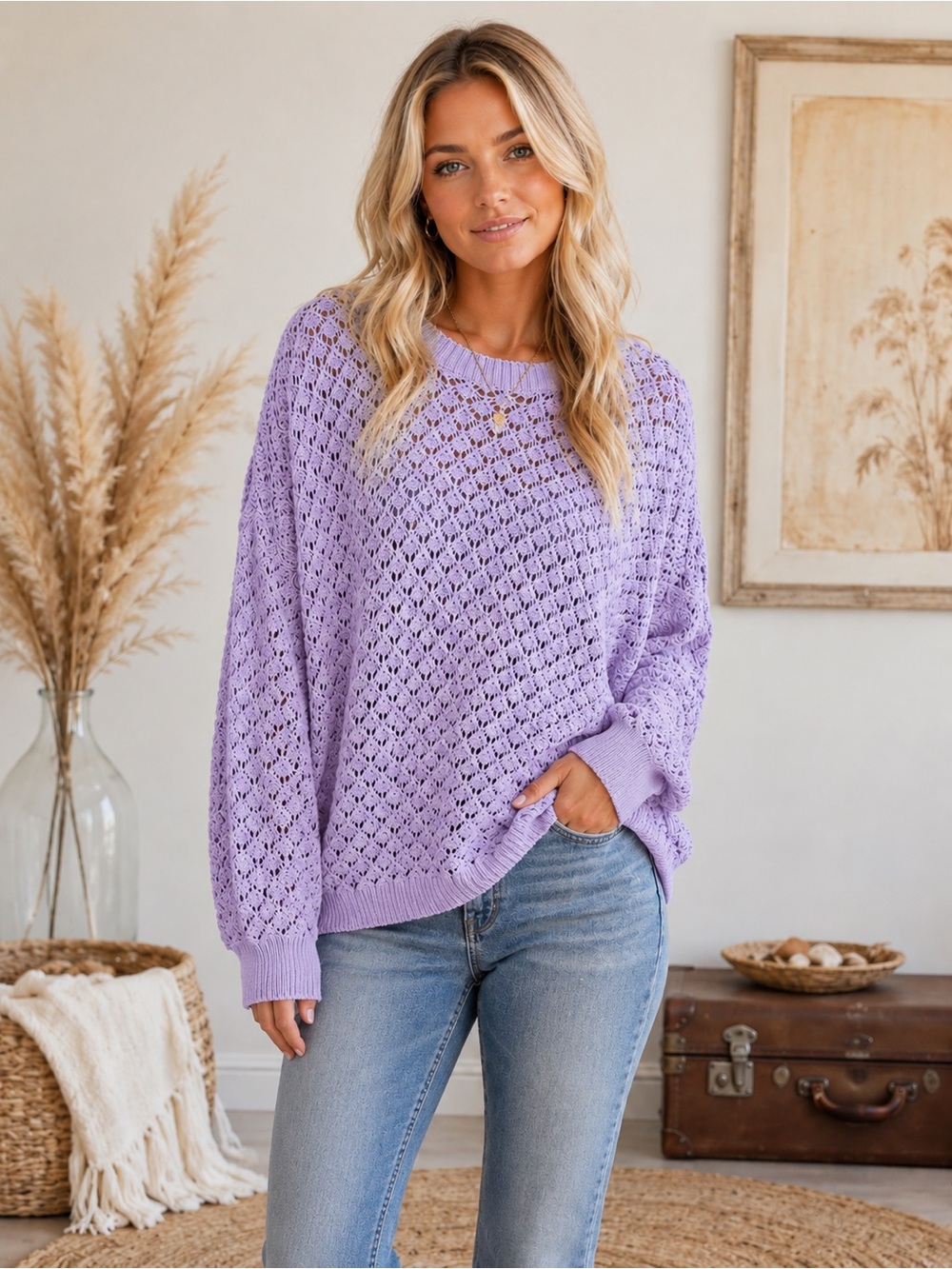 easel Lavender Open-Weave Scoop Neck Sweater